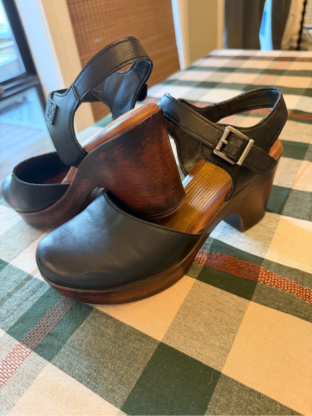 b.o.c. Black Leather Wood-Platform Slingback Clogs